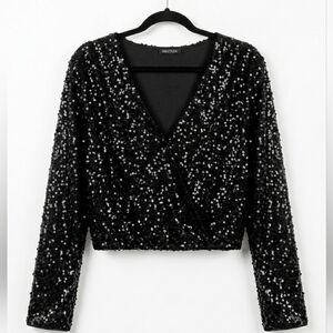 Black Sequin Wrap Crop Top